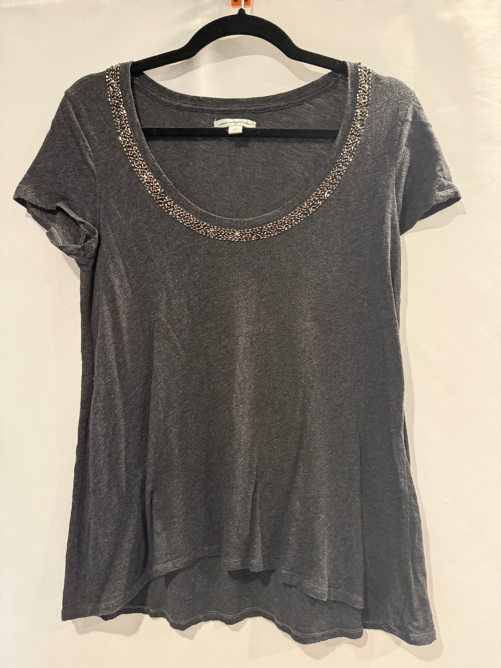 American Eagle Outfitters Charcoal Scoop Neck Tee with Beaded Trim